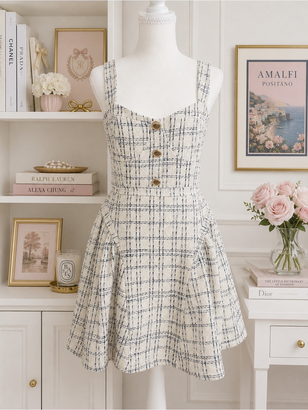 VICI Tweed Plaid Fit & Flare Mini Dress Cream Black Gold Button Size Medium
